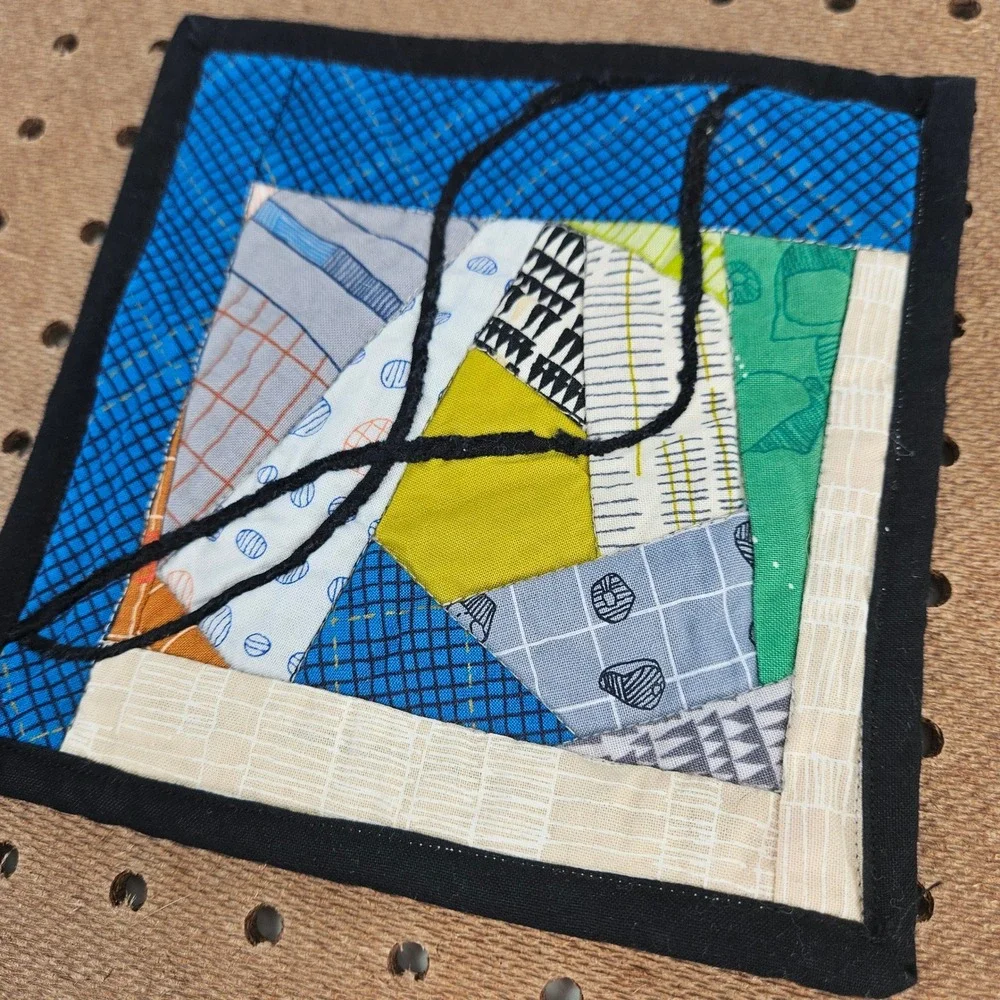 Vrg Handmade Quilted Patchwork Abstract Art Coaster‎ Blue Green Yellow Sq 6.5